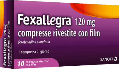 Confezione di Fexallegra compresse, il farmaco utilizzato per il trattamento della rinite allergica stagionale e contro i disturbi ad essa collegati. La scatola contiene 10 compresse da 120mg